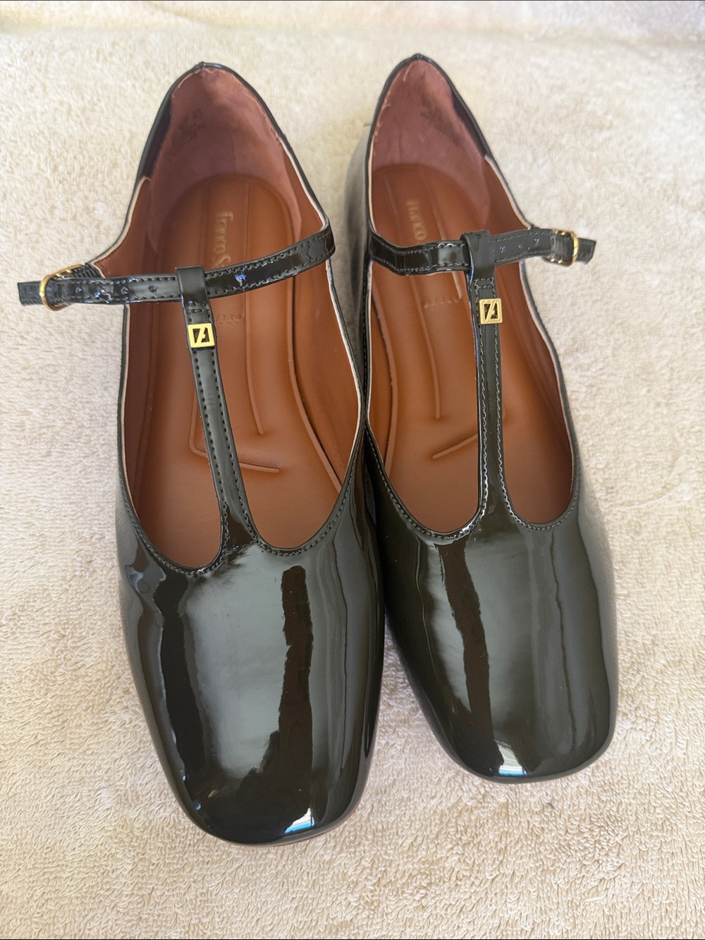 Franco Sarto Black Patent T-Strap Loafers with Gold Detail